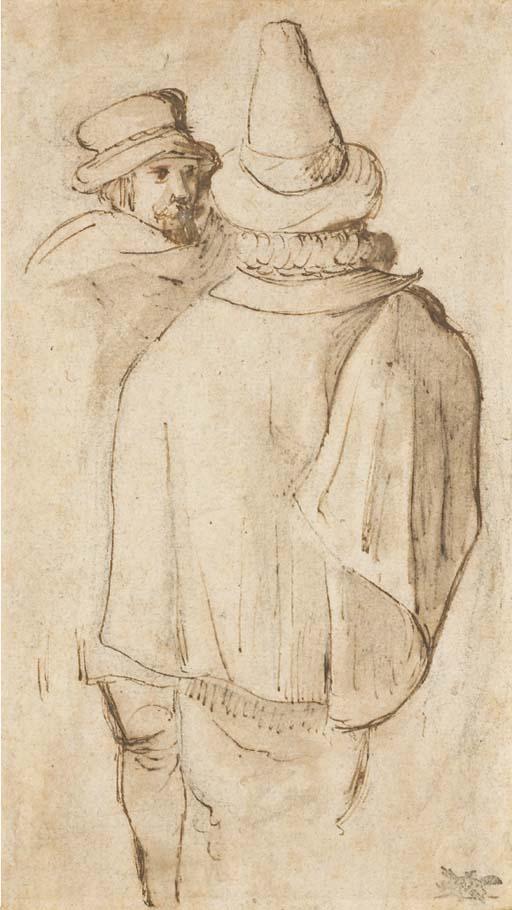 Gillis van Coninxloo - A figure, seen three-quarter-length from behind, in a tall hat and cloak, another man beyond