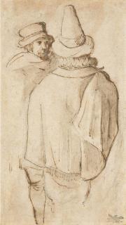 Gillis van Coninxloo - A figure, seen three-quarter-length from behind, in a tall hat and cloak, another man beyond