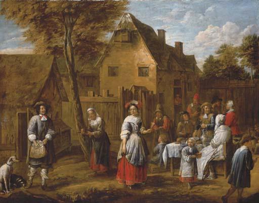 Gillis van Tilborgh II - Elegant figures gathering around a table in a courtyard