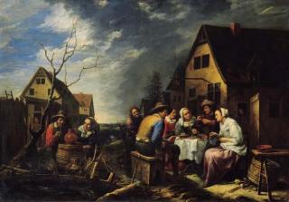 Gillis Van Tilborgh II - Maids serving peasants outside an inn