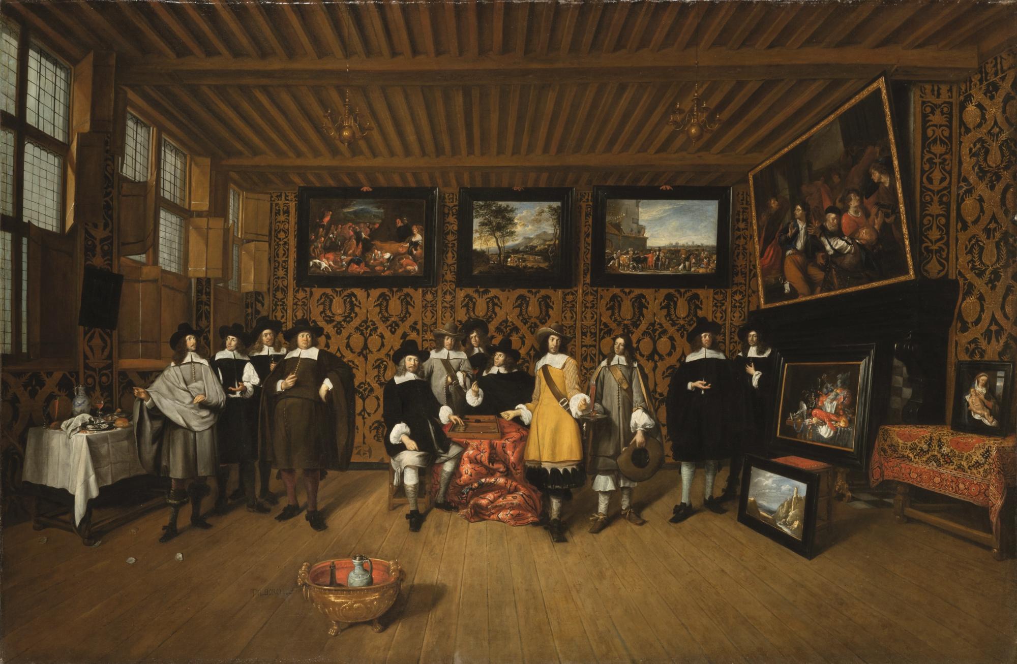Gillis Van Tilborgh The Younger - An Elegant Interior With Twelve Gentleman Surrounded By Paintings And Leather Wall Coverings With A Game Of Backgammon At Center 