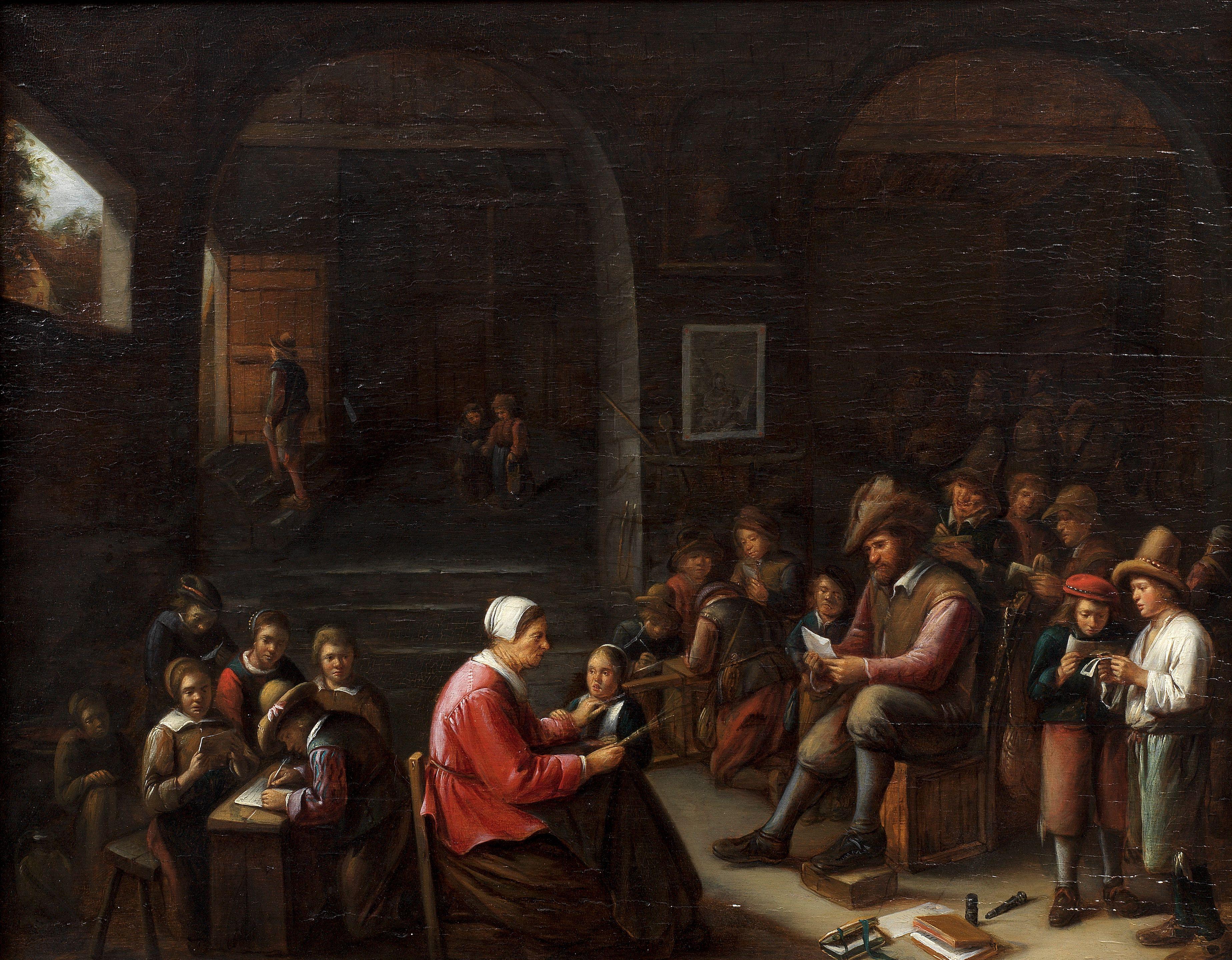Gillis van Tilborgh - A classroom interior with a schoolmistress scolding a pupil
