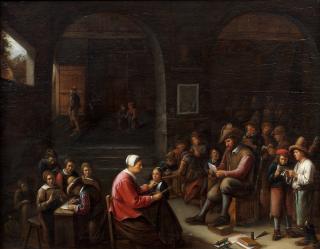 Gillis van Tilborgh - A classroom interior with a schoolmistress scolding a pupil