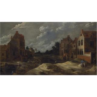 Gillis van Tilborgh - A Hilly Village Street With A Man Drinking In Front Of A Tavern, A Young Child Playing, Peasants Conversing On A Path