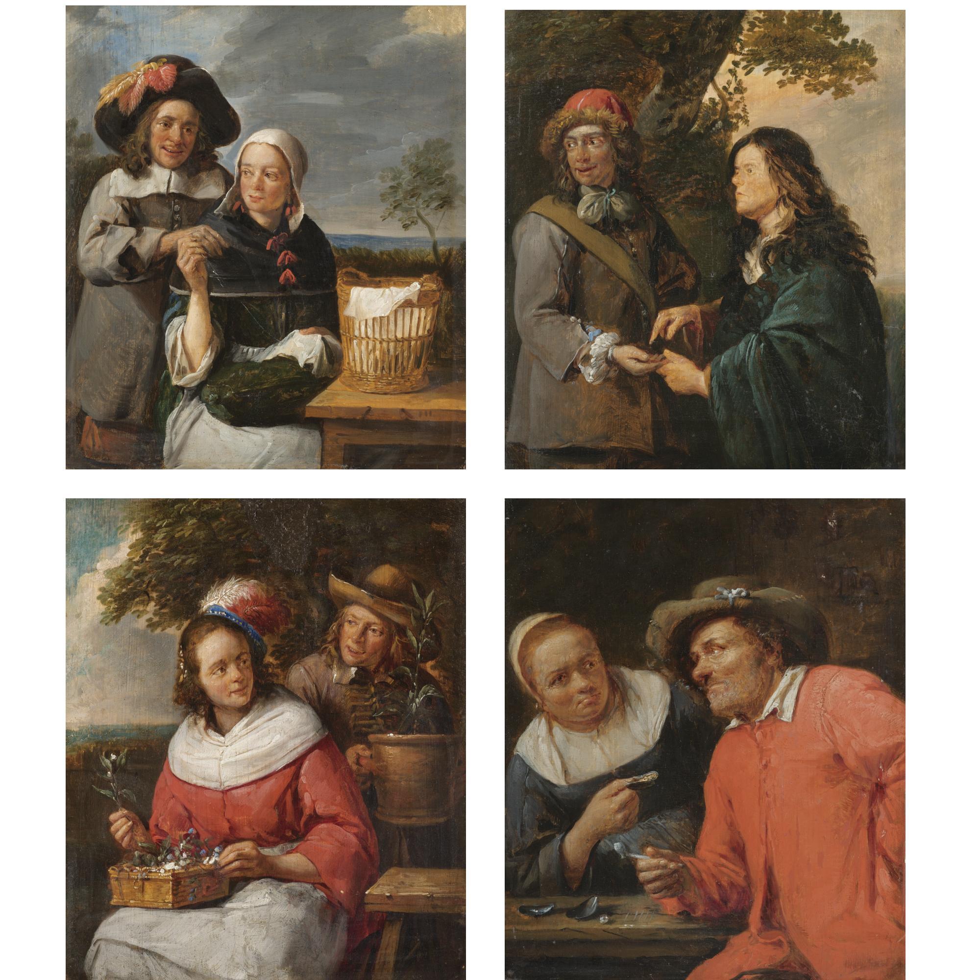 Gillis van Tilborgh - A Man Propositioning A Seamstress; A Woman Offering A Peasant A Shell; A Man And Woman With Flowers; Two Men Arranging A Deal