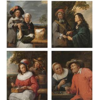 Gillis van Tilborgh - A Man Propositioning A Seamstress; A Woman Offering A Peasant A Shell; A Man And Woman With Flowers; Two Men Arranging A Deal