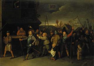 Gillis Van Tilborgh - Children playing at soldiers outside a baker\'s shop