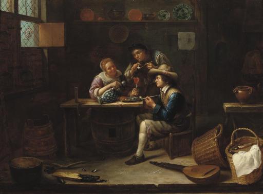 Gillis Van Tilborgh - Peasants eating, drinking and smoking in an interior
