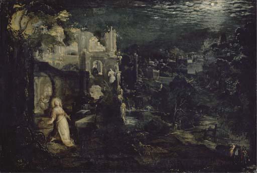 Gillis van Valckenborch - A moonlit landscape with classical ruins and the Penitent Magdalen