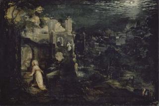 Gillis van Valckenborch - A moonlit landscape with classical ruins and the Penitent Magdalen