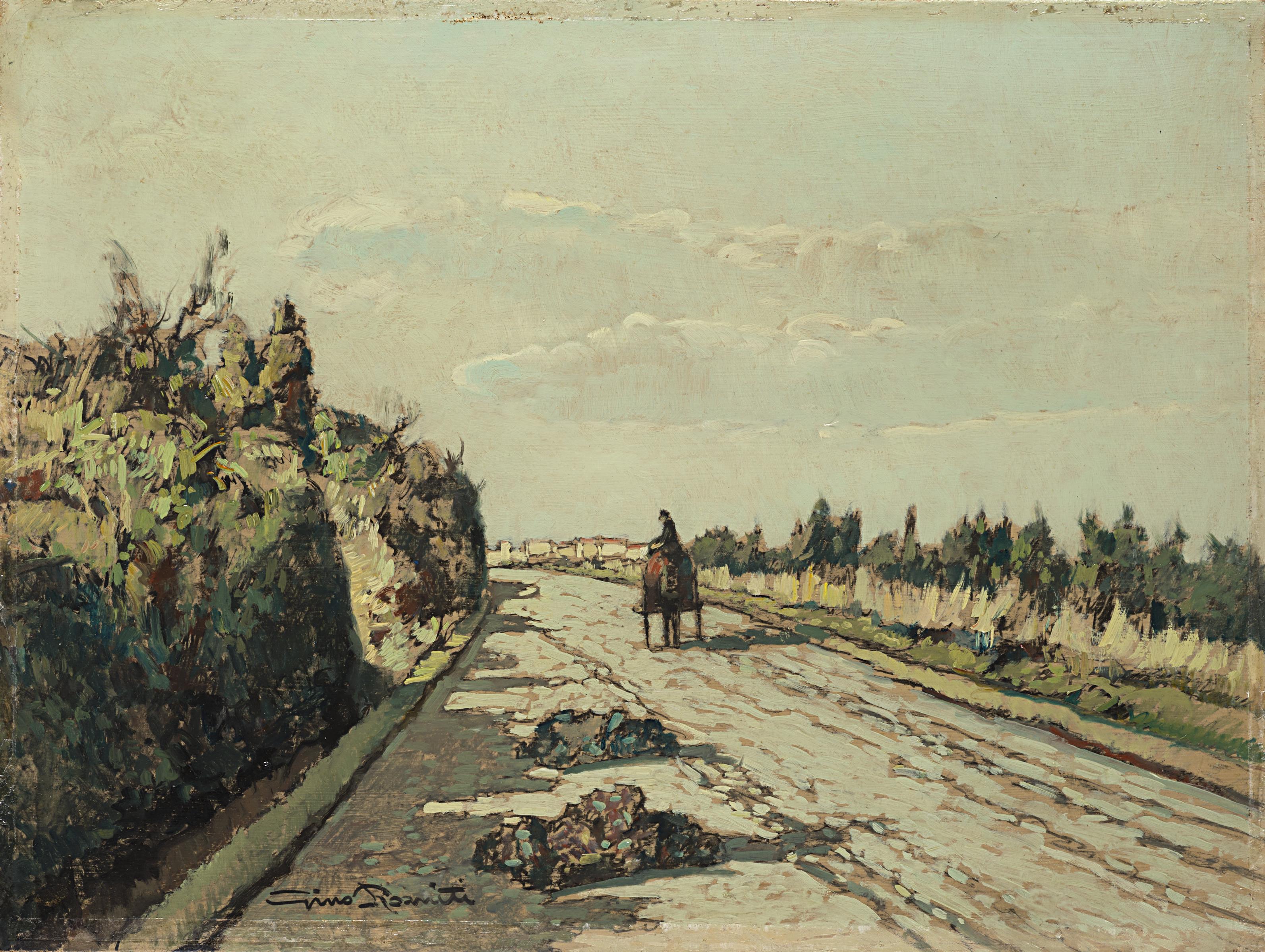 Gino Romiti - Viottolo di campagna con carretto e paese sullo sfondo