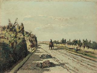 Gino Romiti - Viottolo di campagna con carretto e paese sullo sfondo