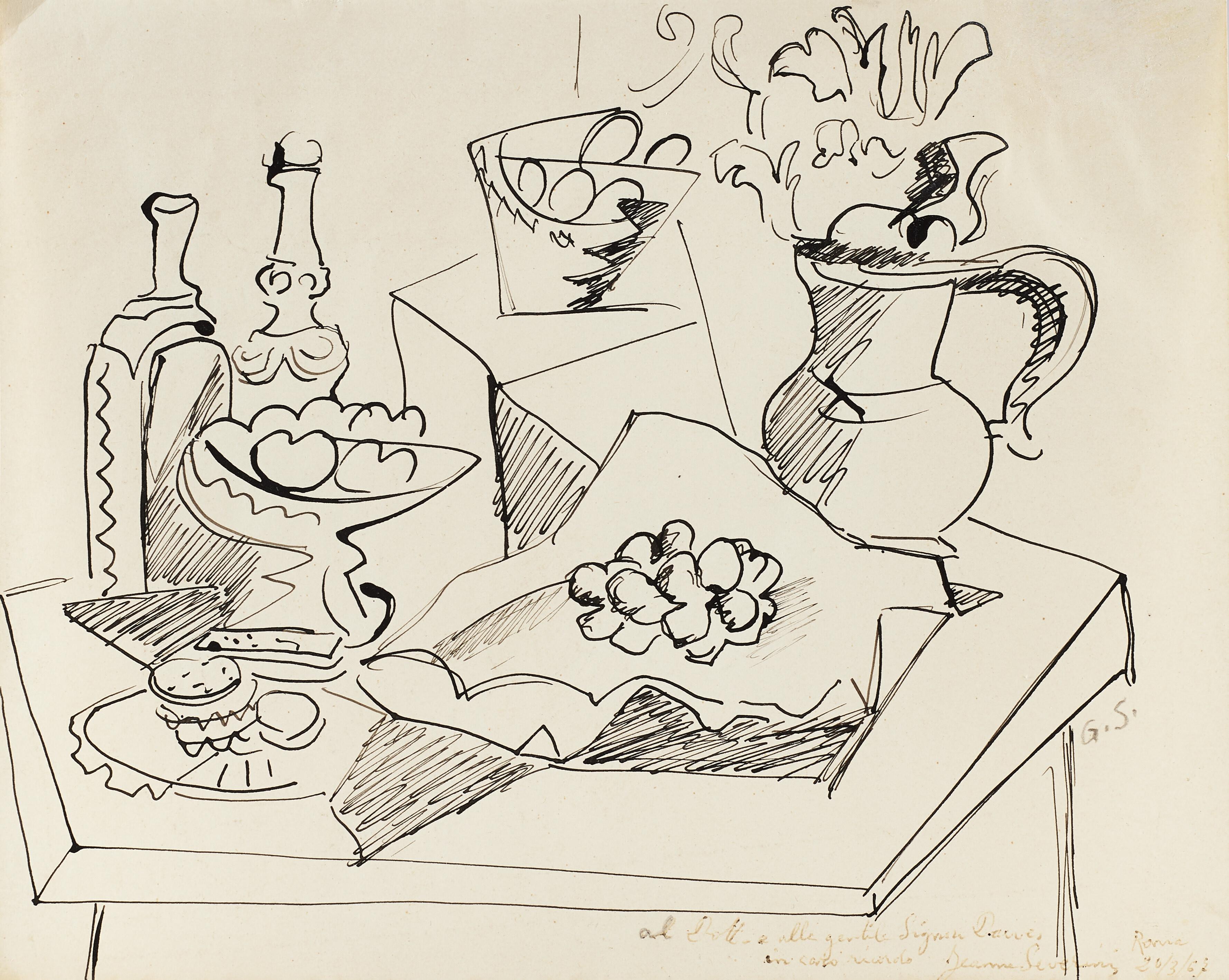 Gino Severini - Natura morta con bottiglia e vaso di fiori