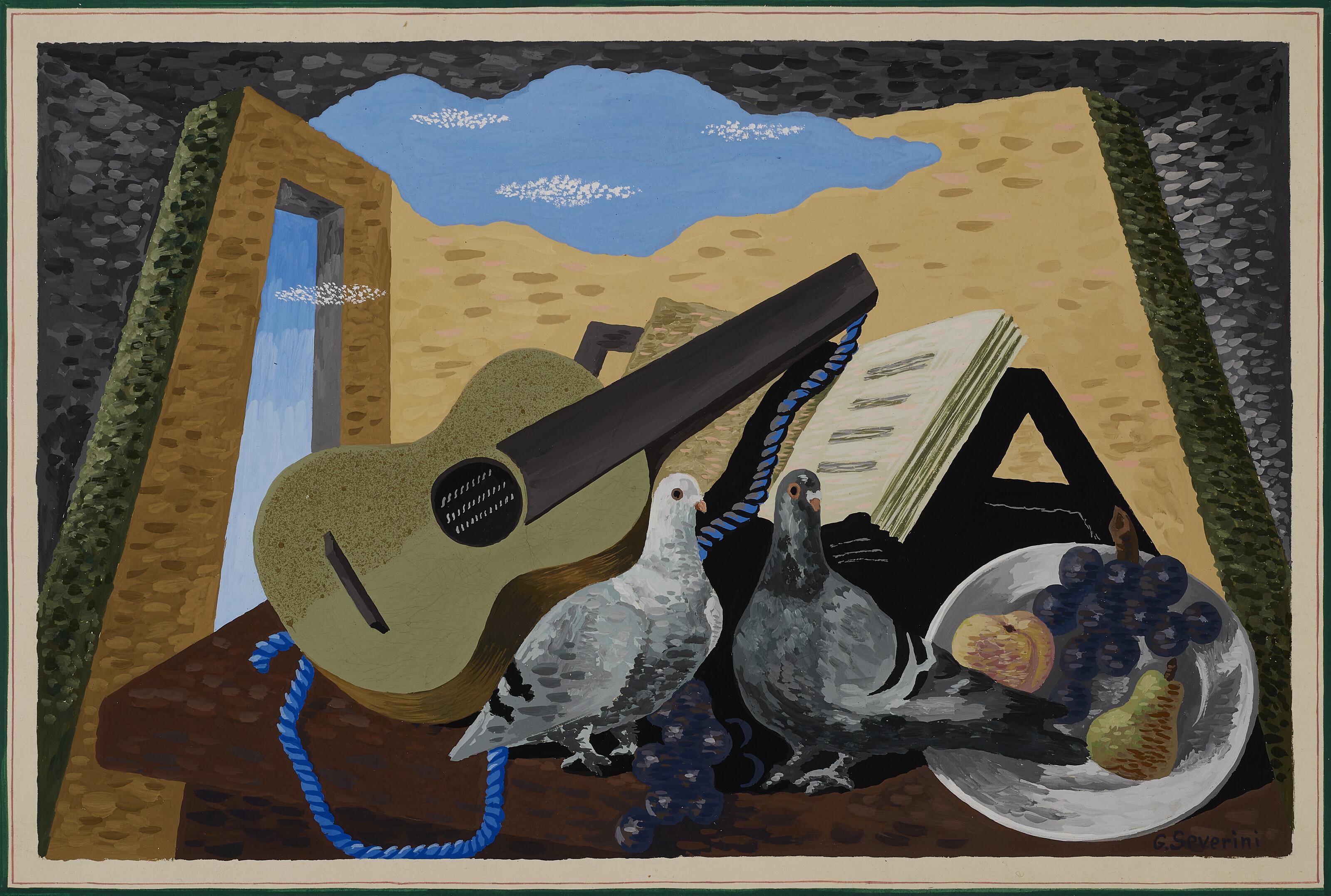 Gino Severini - Natura morta con colombe, chitarra e frutta