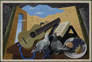 Gino Severini - Natura morta con colombe, chitarra e frutta