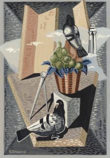 Gino Severini - Natura morta con ruderi, frutta, piccioni e compasso