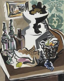 Gino Severini - Natura morta con zuppiera e bottiglie