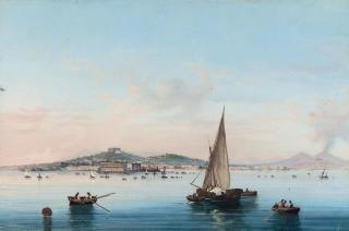 Gioacchino La Pira - Shipping in a calm in the Bay of Naples with Vesuvius erupting beyond