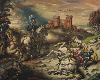Giorgio De Chirico - Cavalli e cavalieri presso un castello