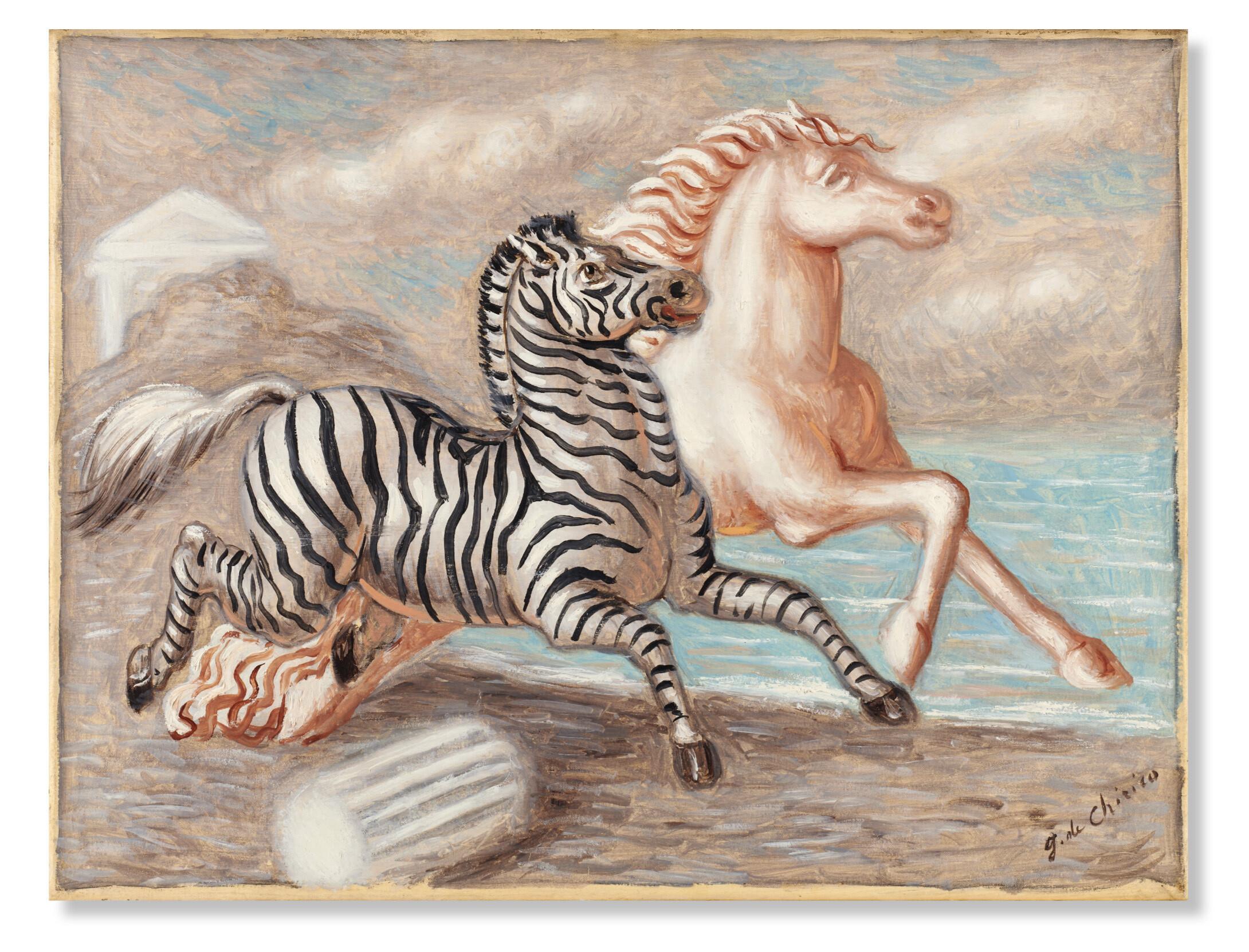Giorgio de Chirico - Cavallo bianco e zebra in corsa in riva al mare