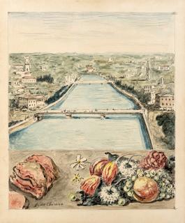 Giorgio De Chirico - Veduta di Verona con carne, verdura e frutta