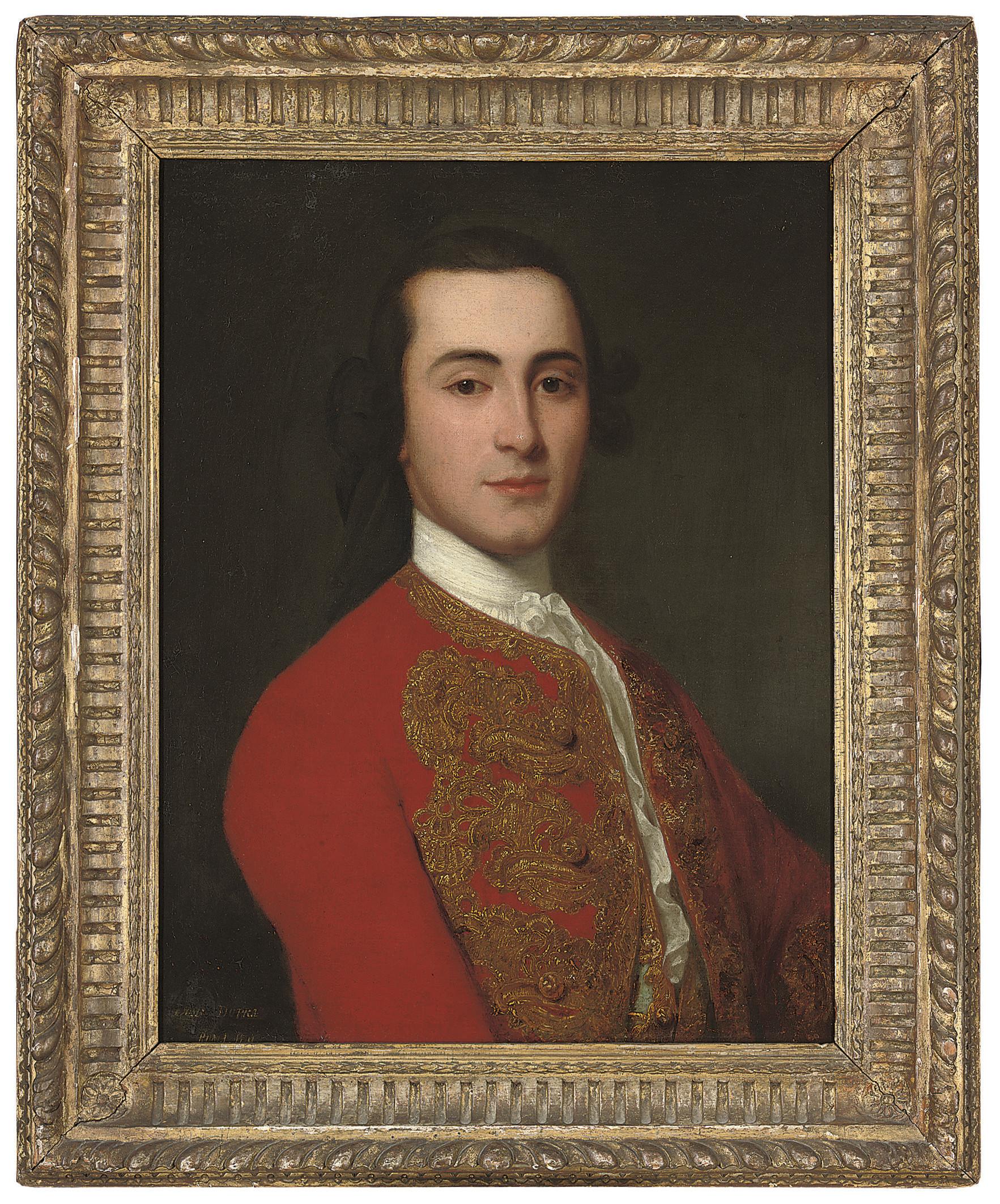 Giorgio Domenico Dupra - Portrait of a gentleman, bust-length, in a red coat with gold embroidery