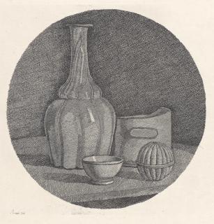 Giorgio Morandi - Grande natura morta circolare con bottiglia e tre ogetti