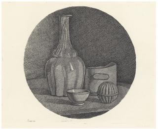 Giorgio Morandi - Grande natura morta circolare con bottiglia e tre oggetti (V. 113)