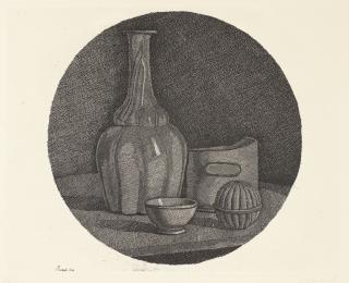 Giorgio Morandi - Grande Natura Morta Circolare Con Bottiglia E Tre Oggetti (Vitali 113)