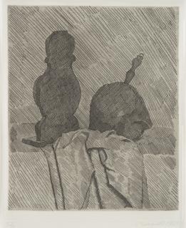 Giorgio Morandi - Natura morta con due oggetti e un drappo su un tavolo