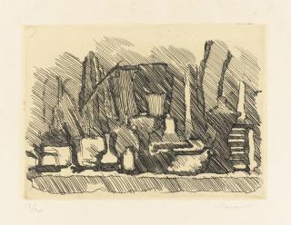 Giorgio Morandi - Natura Morta Di Vasi, Bottiglie Ecc. Su Un Tavolo (V. 66)