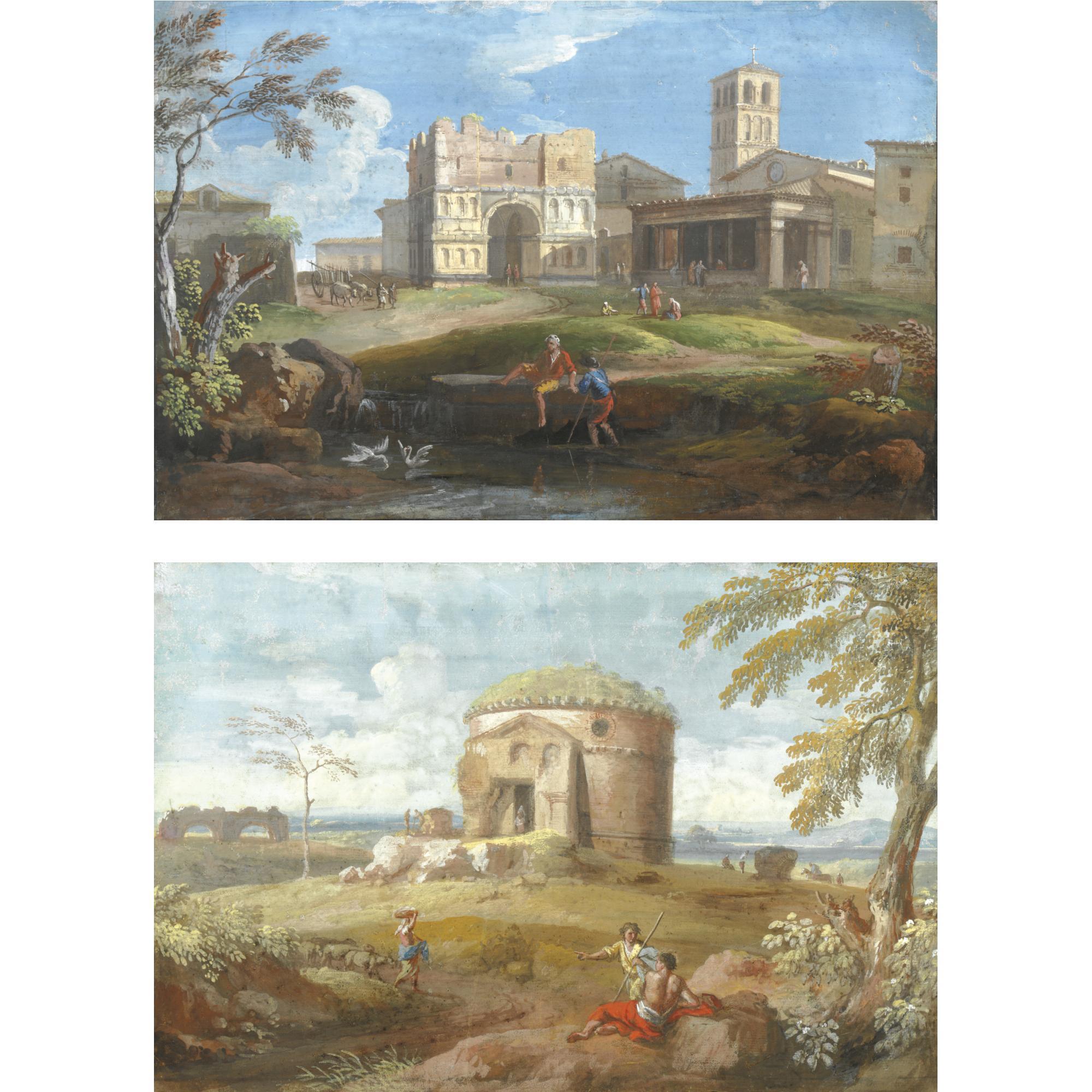 Giovan Battista Busiri - Veduta Con Arco Romano E Figure; Paesaggio Romano Con Un Mausoleo