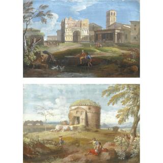 Giovan Battista Busiri - Veduta Con Arco Romano E Figure; Paesaggio Romano Con Un Mausoleo