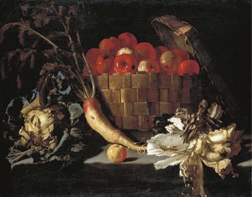 Giovan Battista Recco - Apples In A Wicker Basket, With A Cabbage, Parsnip, Lettuce And An Apple On A Stone Ledge