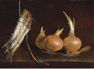 Giovan Battista Recco - Sardines suspended from twine and onions on a stone ledge