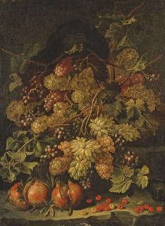 Giovan Battista Ruoppolo - Raisins et grenades sur un entablement de pierre