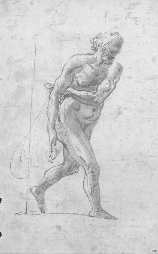 Giovani Alberti - Un homme barbu tenant un filet, marchant vers la droite (recto); Projet d\'architecture (verso)