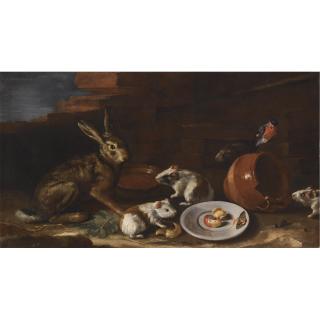 Giovanni Agostino Cassana - A Farmyard Scene With A Still Life Of A Rabbit, Guinea Pigs, Apple-Peel And A Butterfly On A Plate, Together With A Terracotta Jug And Bowl