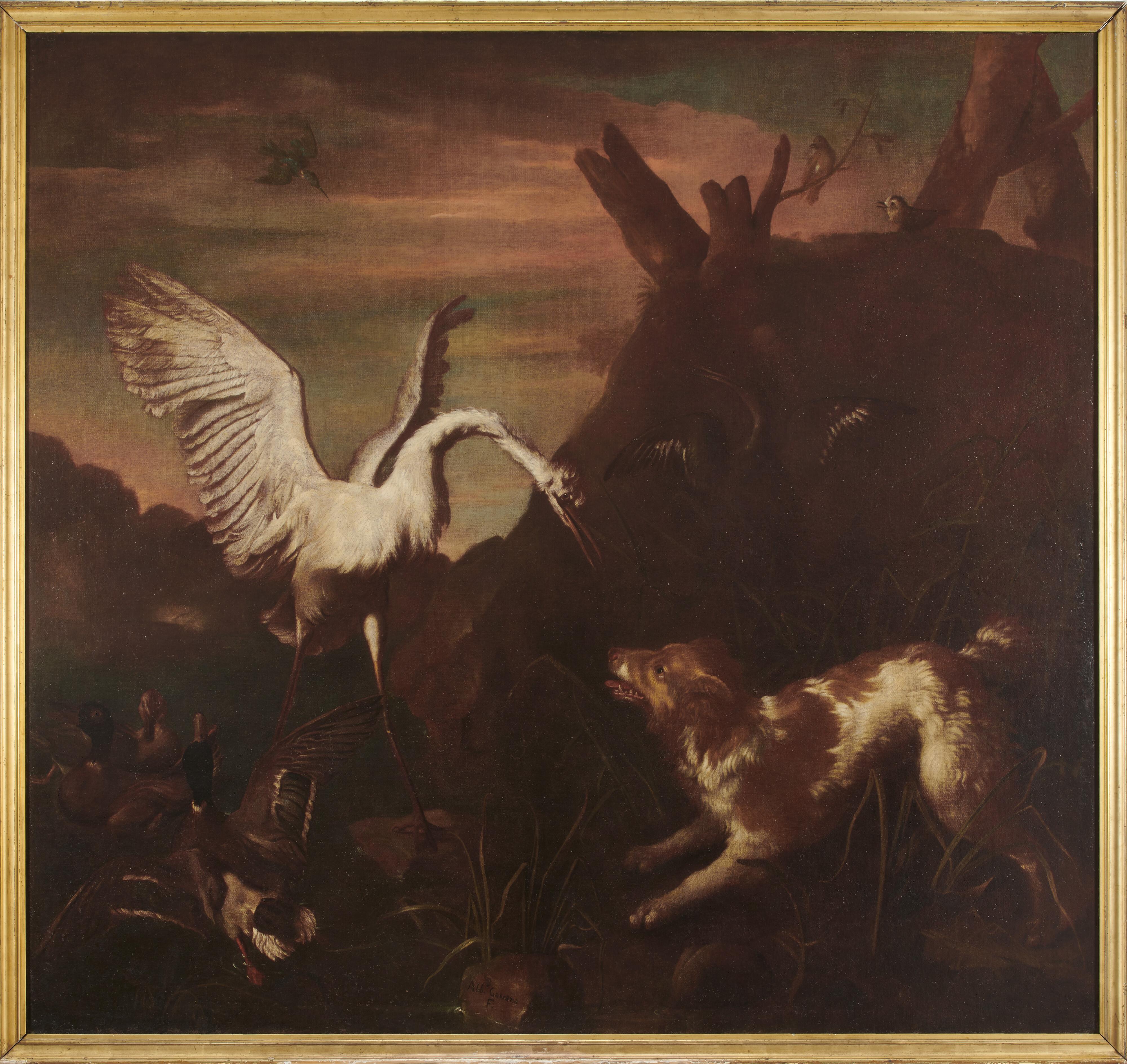 Giovanni Agostino Cassana - Heron and dog in a landscape