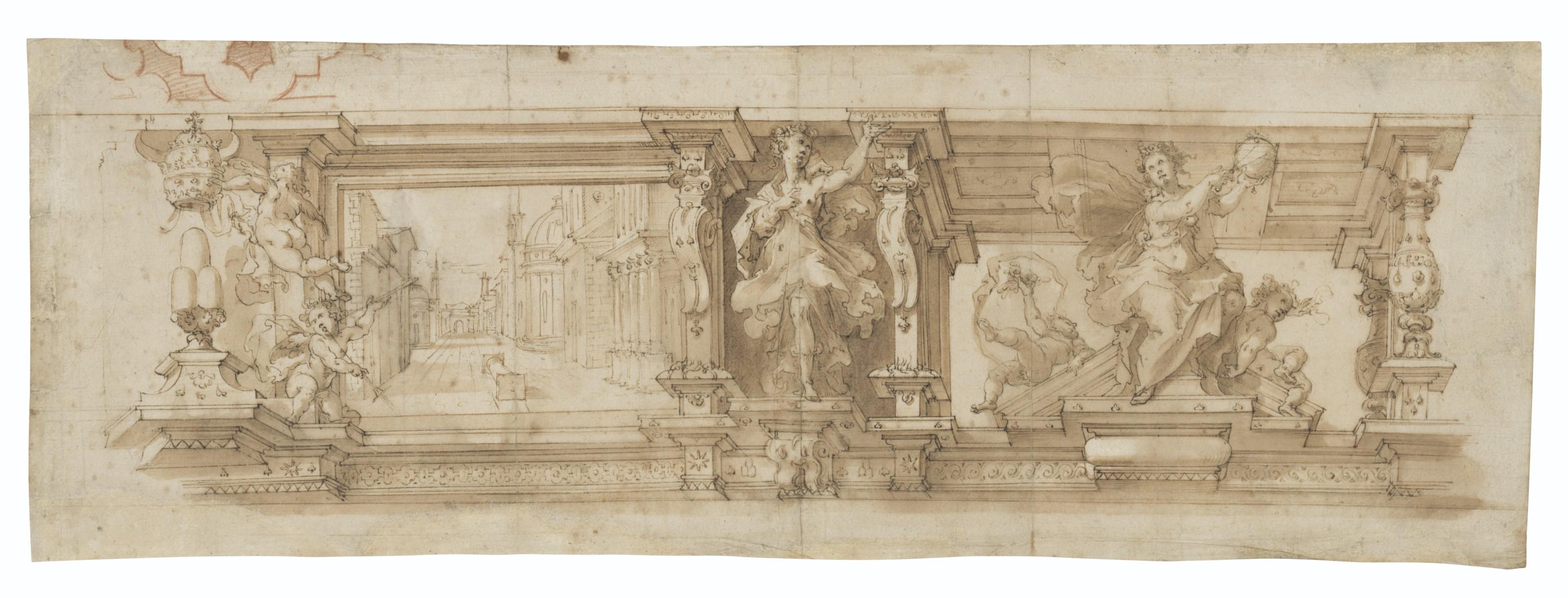 Giovanni Alberti - Design for a decorative frieze with the emblem of Pope Sixtus V, and allegorical figures including Astronomy, flanked by putti (recto); An architectural study (verso)
