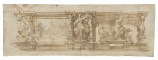 Giovanni Alberti - Design for a decorative frieze with the emblem of Pope Sixtus V, and allegorical figures including Astronomy, flanked by putti (recto); An architectural study (verso)