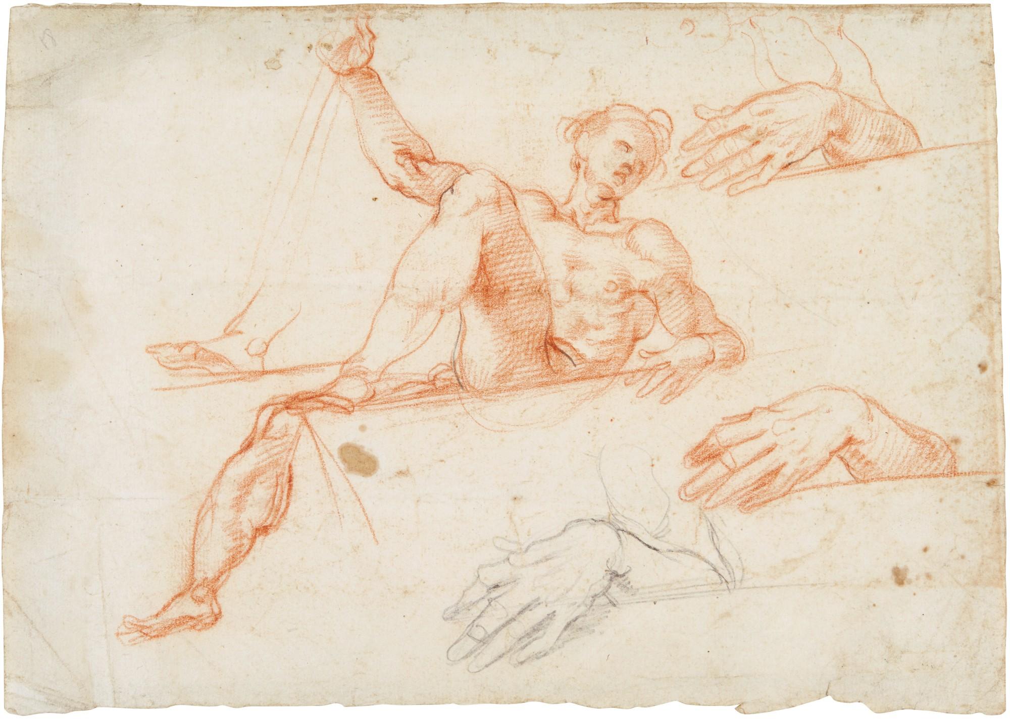Giovanni Alberti - Reclining Male Nude; Separate Studies of his Left Leg and Left Hand