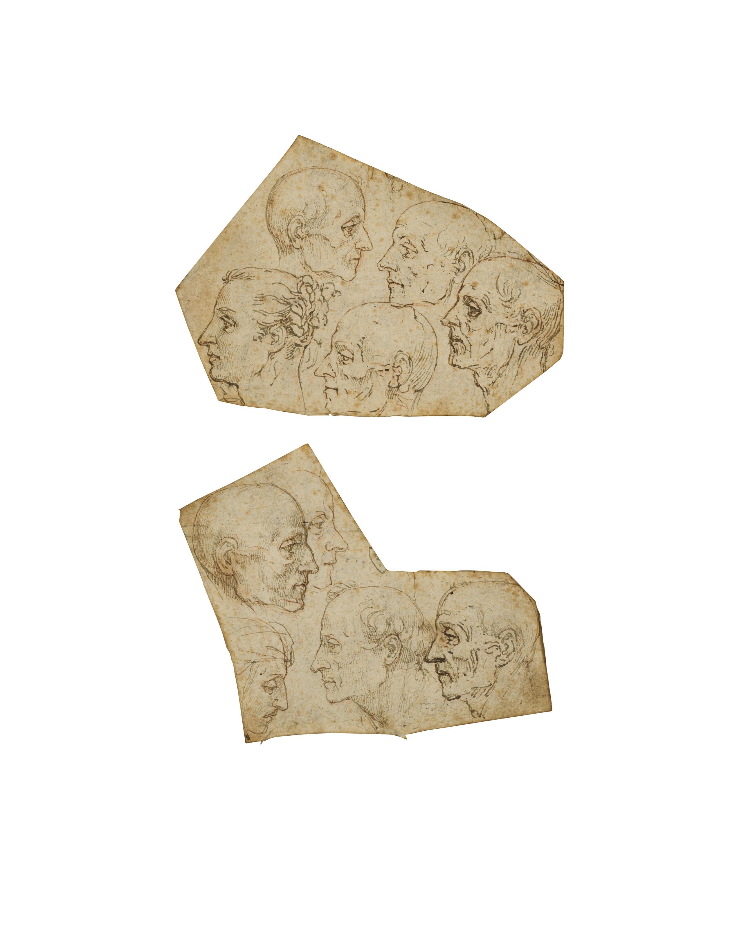 Giovanni Ambrogio Figino - Étude de cinq têtes de profil (recto) ; Croquis avec cavaliers à cheval, figures avec chien et bras droit (verso) ; et Étude de cinq têtes de profil (recto) ; Croquis avec étude d\'homme, de tête et de bras (verso)