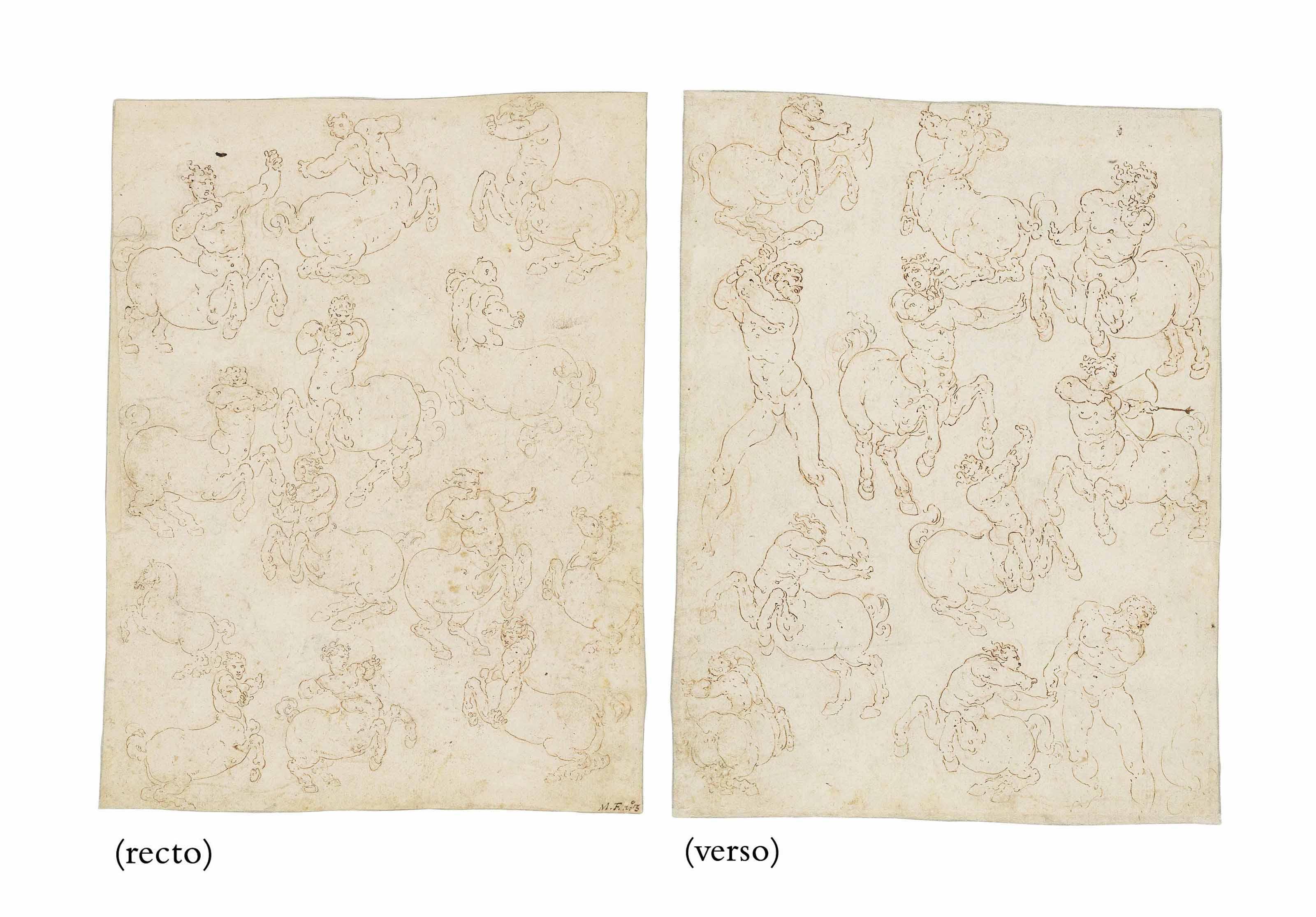 Giovanni Ambrogio Figino - Studies of centaurs and two male nudes ( recto ), Studies of centaurs and a rearing horse ( verso )