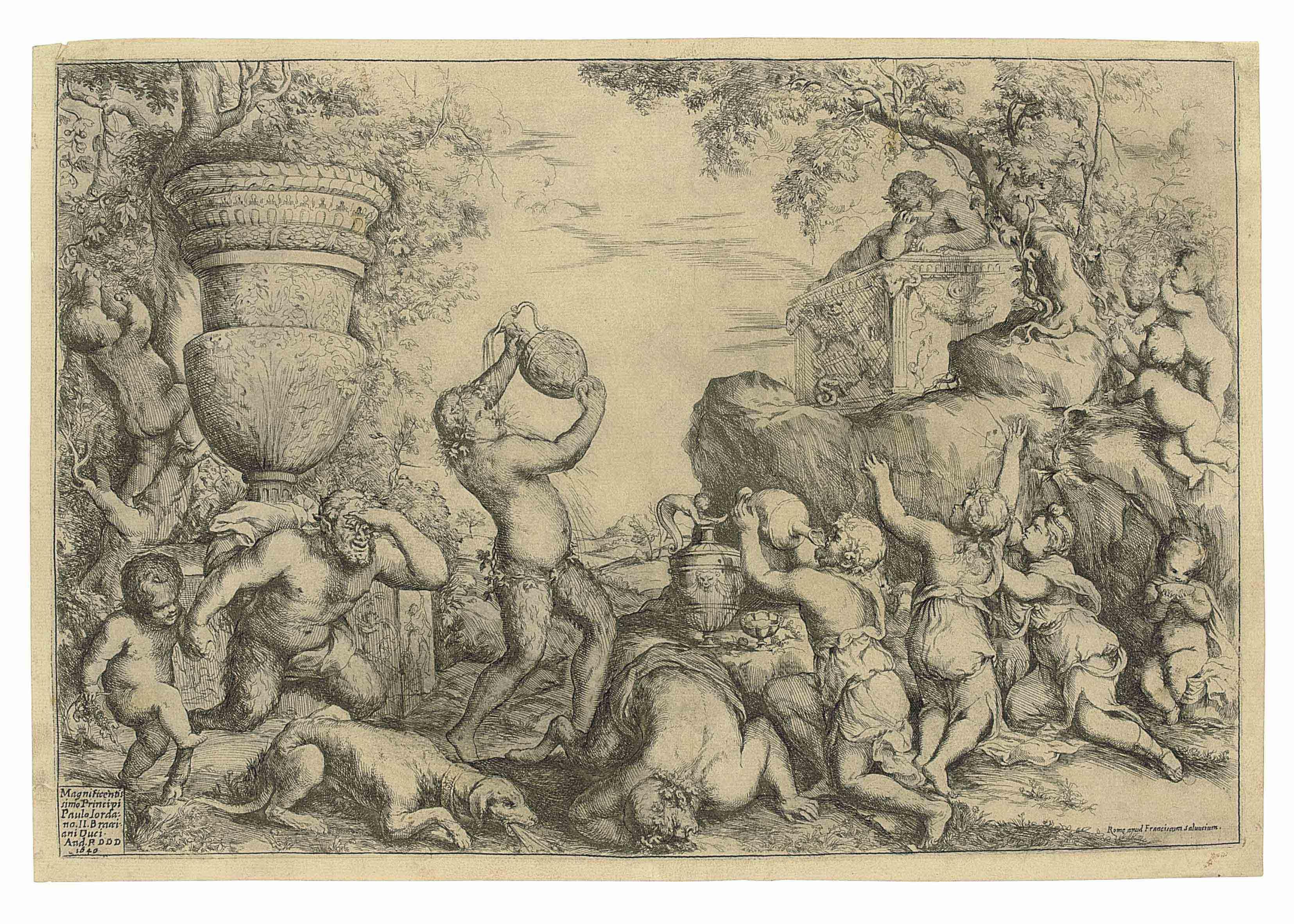 Giovanni Andrea Podestà - Bacchanal with Altar, Faun and Silenus (Bartsch 3)