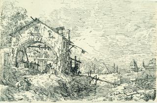 Giovanni Antonio Canal - 2 Bll.: Landschaft mit der Frau am Brunnen - Gebirgslandschaft mit fünf Brücken