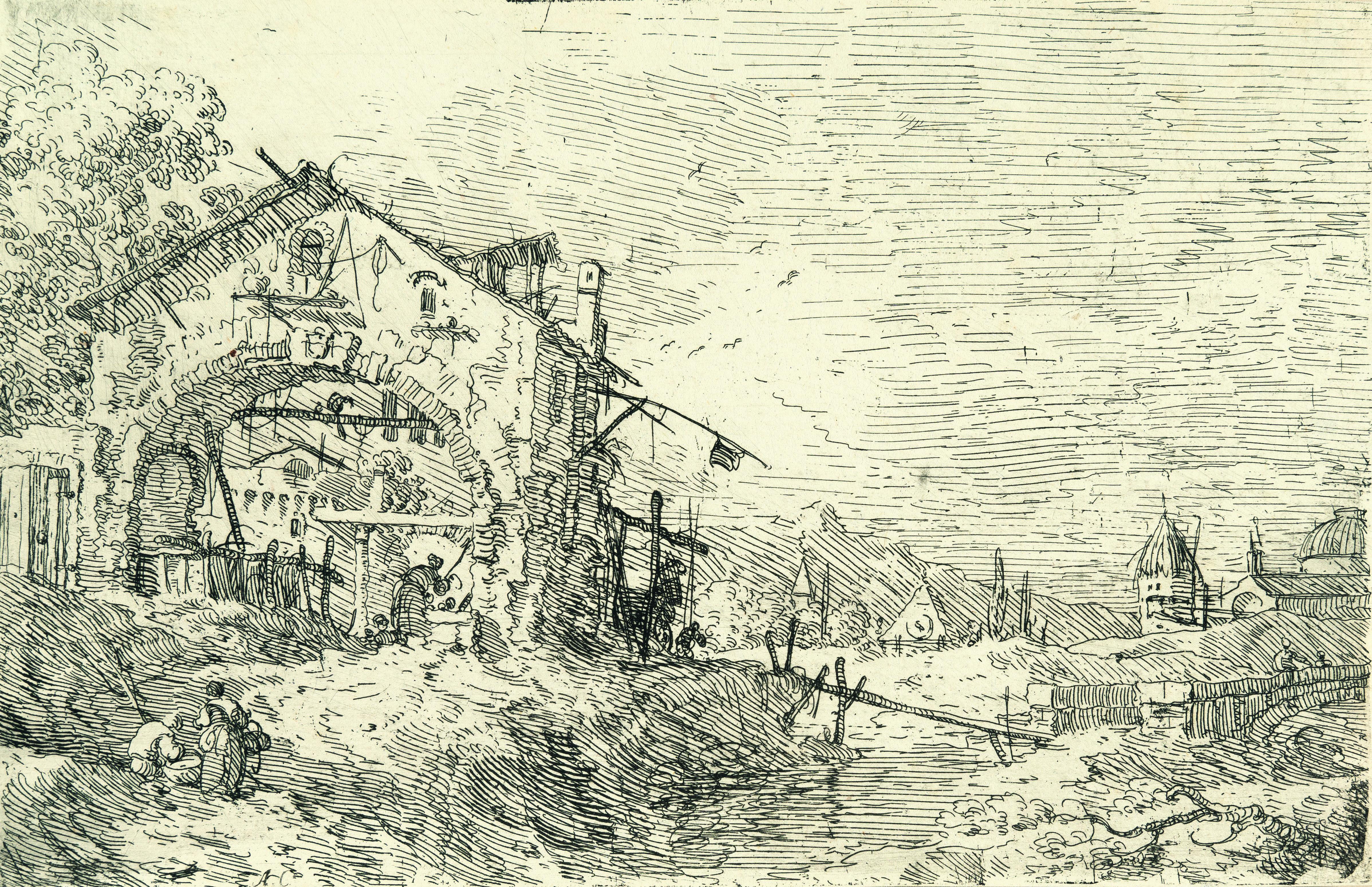Giovanni Antonio Canal - 2 Bll.: Landschaft mit der Frau am Brunnen - Landschaft mit Turm und zwei Pfeilerruinen
