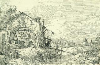 Giovanni Antonio Canal - 2 Bll.: Landschaft mit der Frau am Brunnen - Landschaft mit Turm und zwei Pfeilerruinen