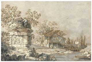 Giovanni Antonio Canal - A capriccio with an ancient tomb monument to the left, and a watermill to the right