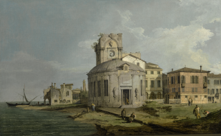 Giovanni Antonio Canal - A Venetian Capriccio View Of An Oval Church Beside The Lagoon